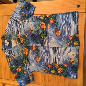 RJC LTD. Blue/Red/Green/Yellow Ocean Life Hawaiian Casual Button Down Shirt, XL